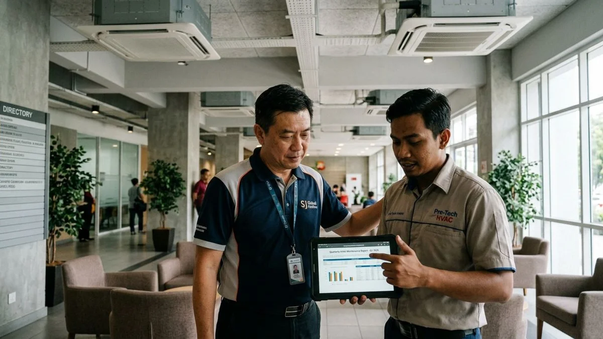 Reviewing quarterly maintenance report with facility manager
