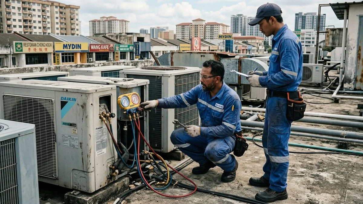 Rooftop commercial condenser inspection in Subang Jaya